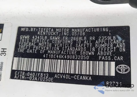 2009 Toyota Camry Le из США, поврежденный, VIN 4T1BE46K49U832050